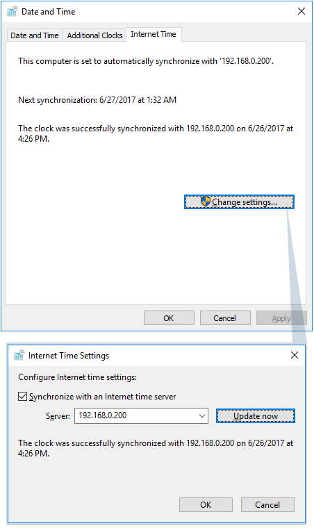 Examples of the time server settings screen on computer